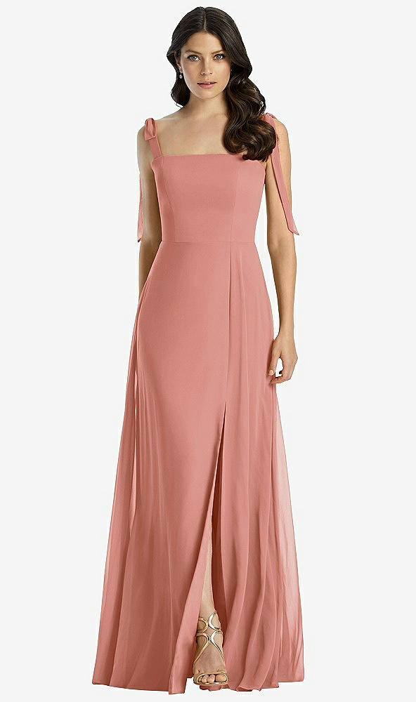 Front View - Desert Rose Tie-Shoulder Chiffon Maxi Dress with Front Slit