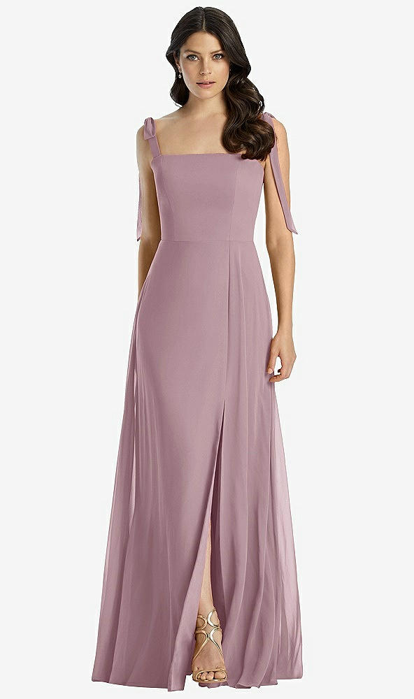 Front View - Dusty Rose Tie-Shoulder Chiffon Maxi Dress with Front Slit