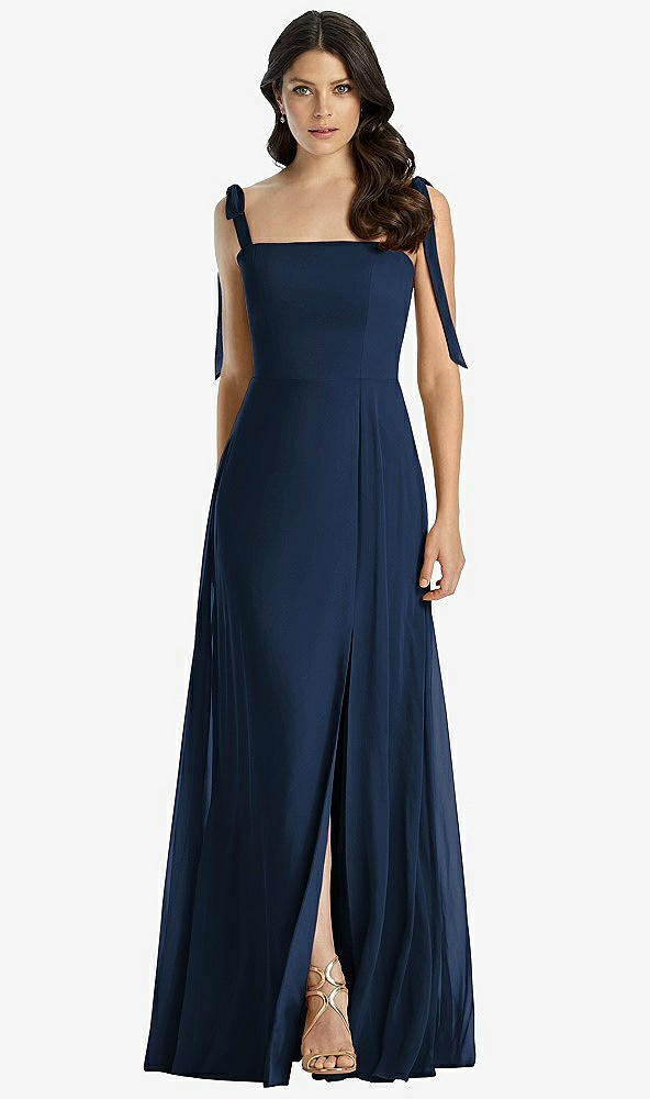 Front View - Midnight Navy Tie-Shoulder Chiffon Maxi Dress with Front Slit