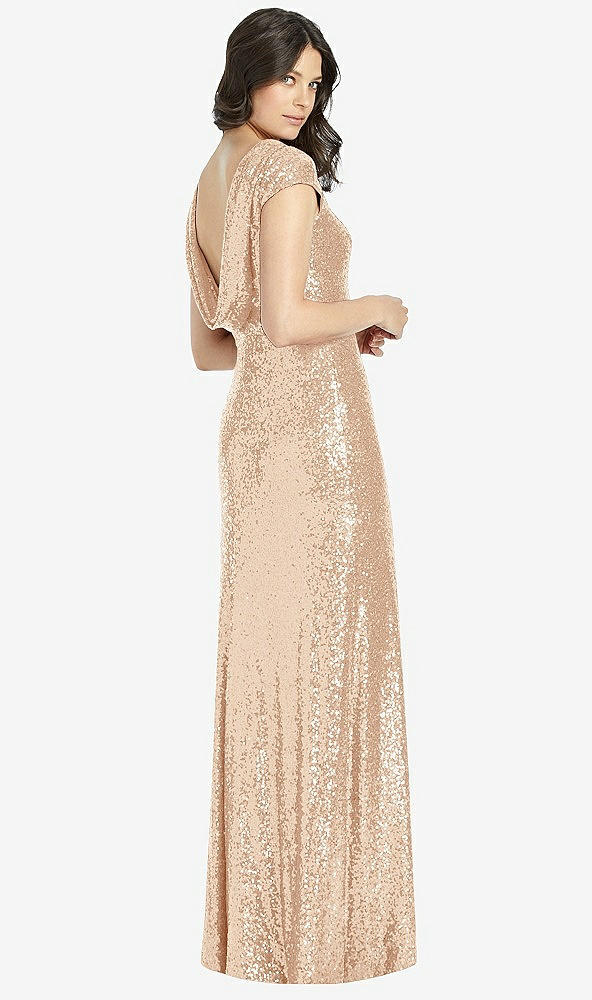 Front View - Rose Gold Cap Sleeve Cowl-Back Sequin Gown with Front Slit