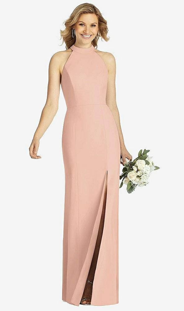 Front View - Pale Peach High-Neck Cutout Halter Trumpet Gown