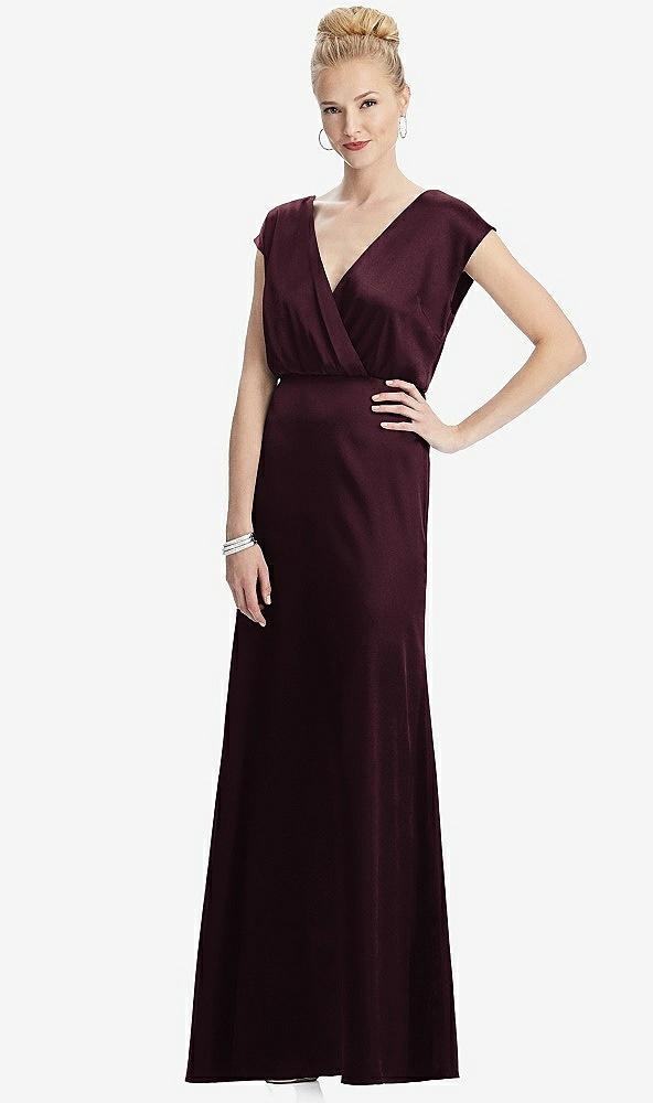 Front View - Bordeaux Cap Sleeve Blouson Faux Wrap Dress