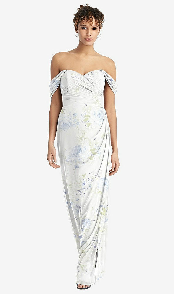 Front View - Bleu Garden Draped Off-the-Shoulder Maxi Dress with Shirred Streamer