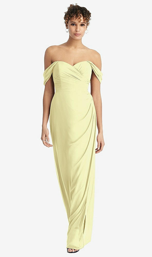 Front View - Butter Yellow Draped Off-the-Shoulder Maxi Dress with Shirred Streamer