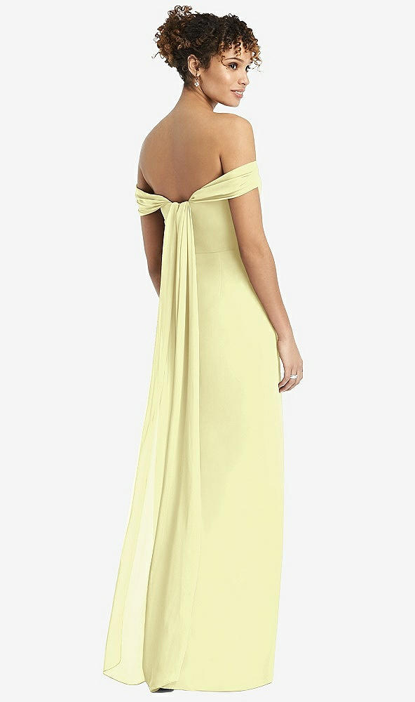 Back View - Butter Yellow Draped Off-the-Shoulder Maxi Dress with Shirred Streamer