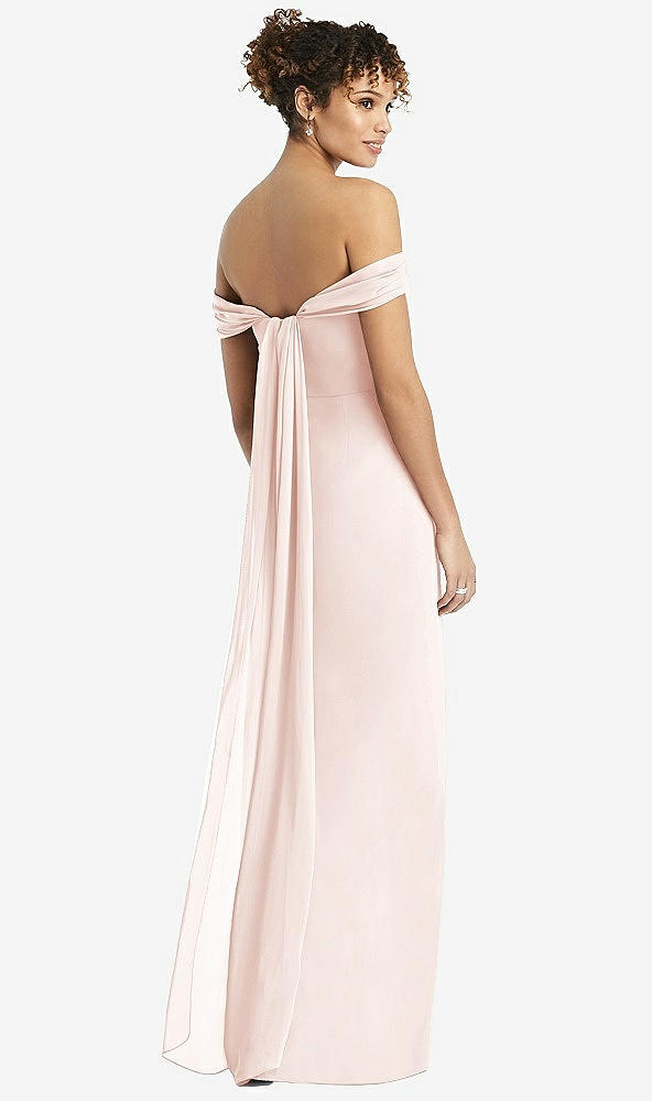 Back View - Blush Draped Off-the-Shoulder Maxi Dress with Shirred Streamer