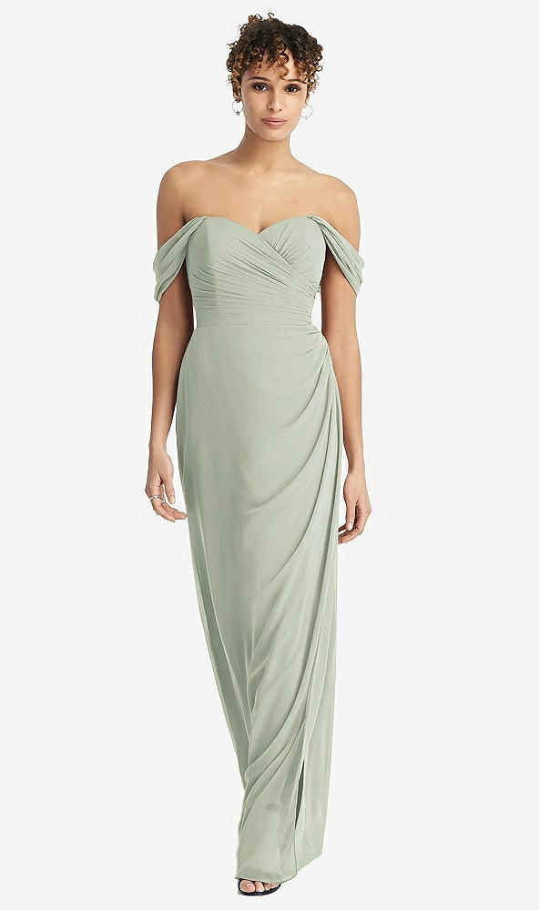 Front View - Celadon Draped Off-the-Shoulder Maxi Dress with Shirred Streamer