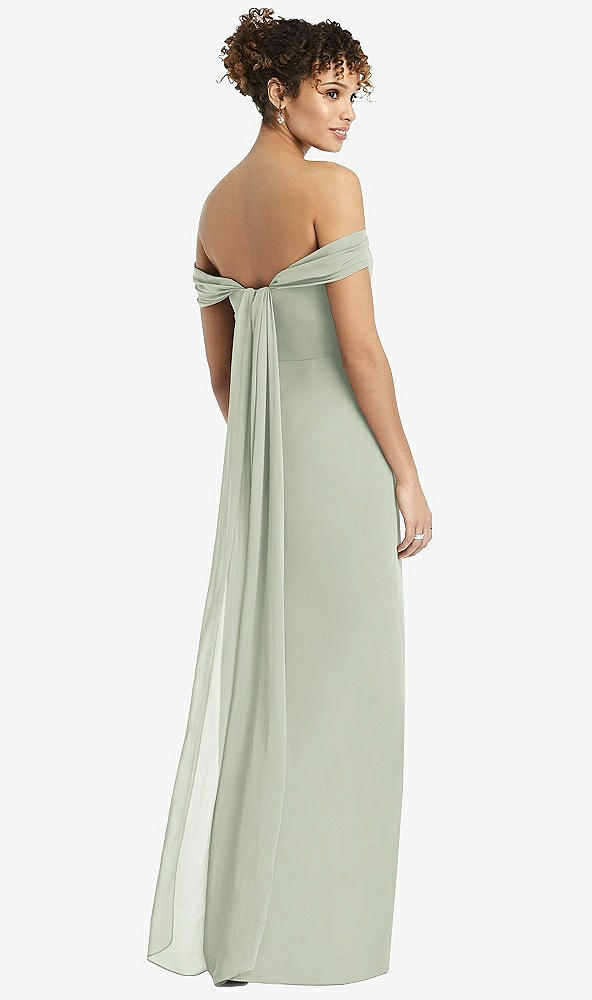 Back View - Celadon Draped Off-the-Shoulder Maxi Dress with Shirred Streamer