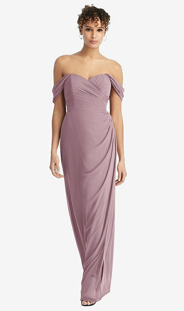 Front View - Dusty Rose Draped Off-the-Shoulder Maxi Dress with Shirred Streamer