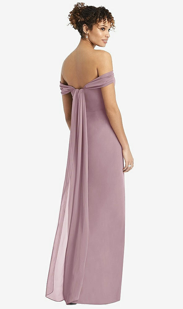 Back View - Dusty Rose Draped Off-the-Shoulder Maxi Dress with Shirred Streamer