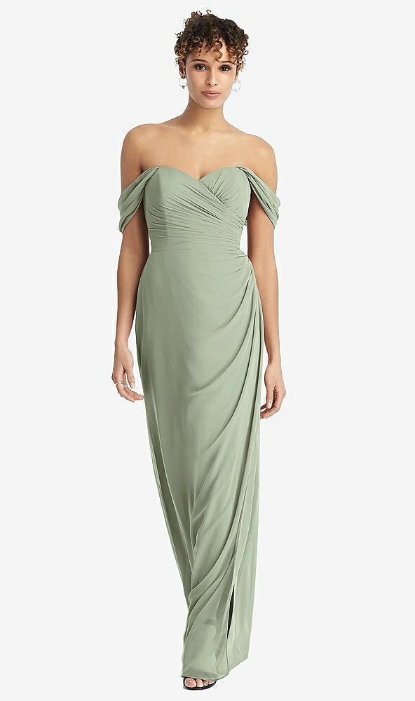 Front View - Sage Draped Off-the-Shoulder Maxi Dress with Shirred Streamer