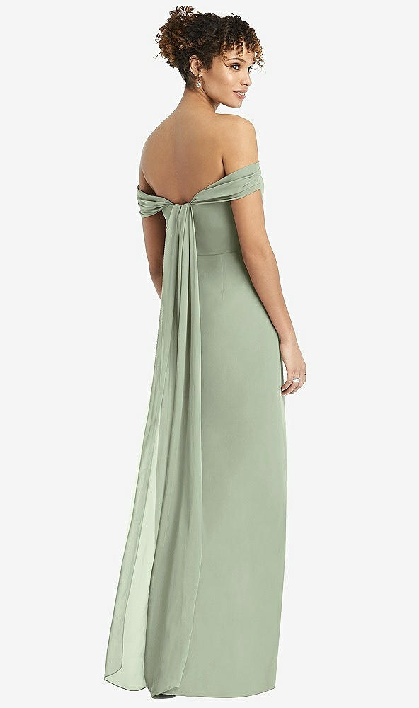 Back View - Sage Draped Off-the-Shoulder Maxi Dress with Shirred Streamer