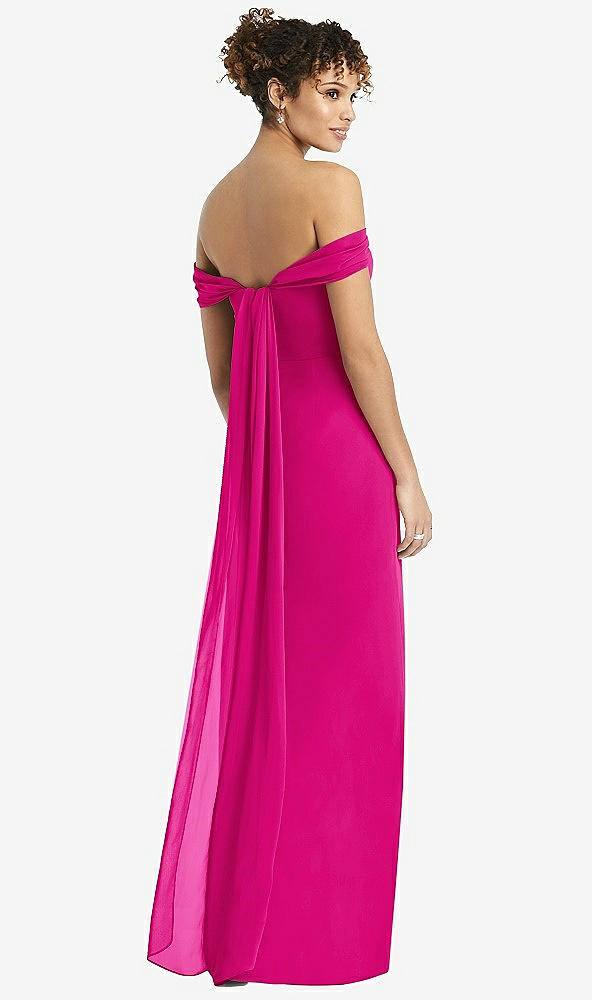 Back View - Think Pink Draped Off-the-Shoulder Maxi Dress with Shirred Streamer