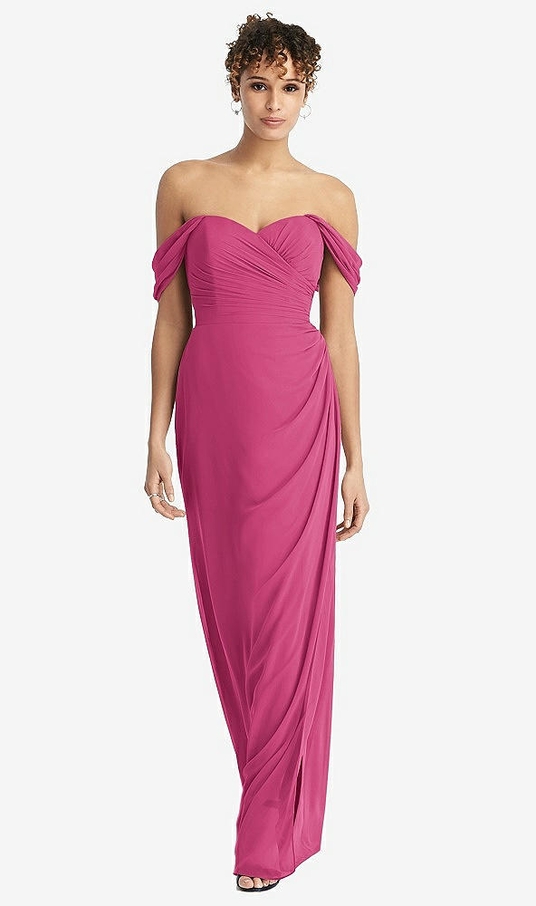 Front View - Tea Rose Draped Off-the-Shoulder Maxi Dress with Shirred Streamer