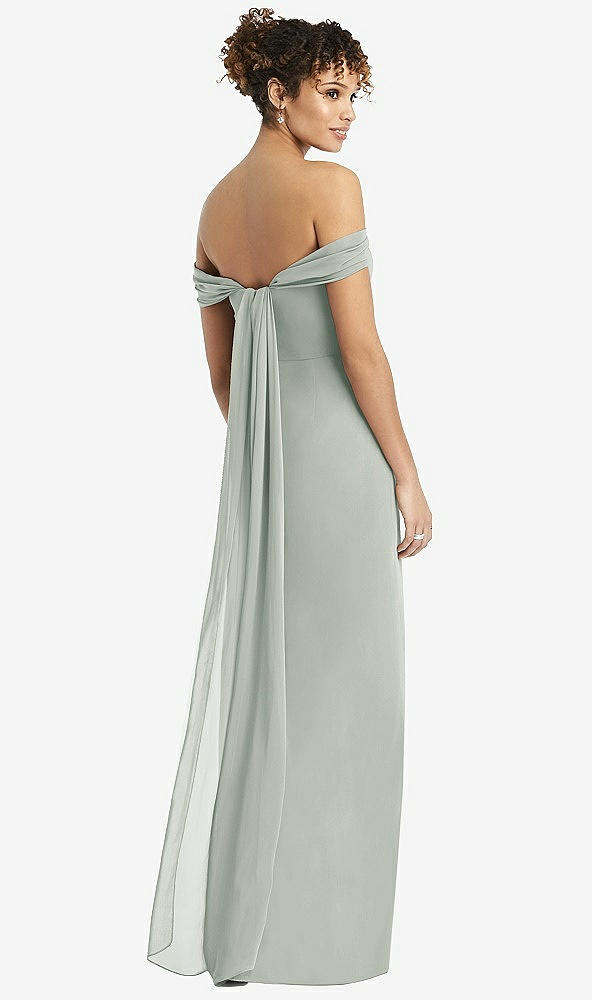 Back View - Willow Green Draped Off-the-Shoulder Maxi Dress with Shirred Streamer