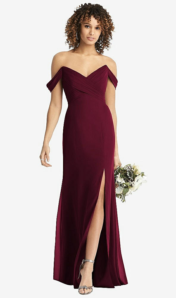 Front View - Cabernet Off-the-Shoulder Criss Cross Bodice Trumpet Gown