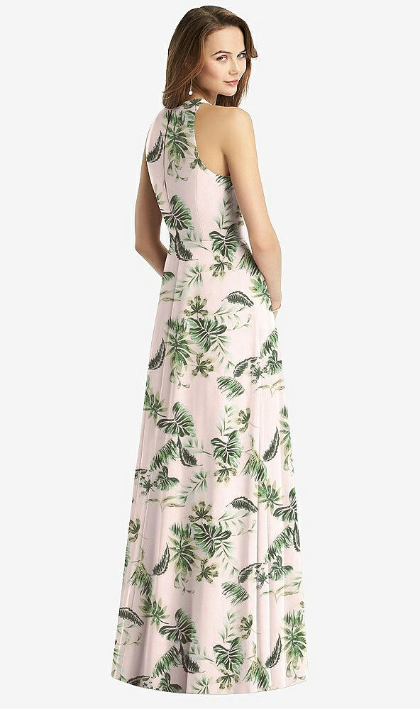 Back View - Palm Beach Print Sleeveless Halter Chiffon Maxi Dress