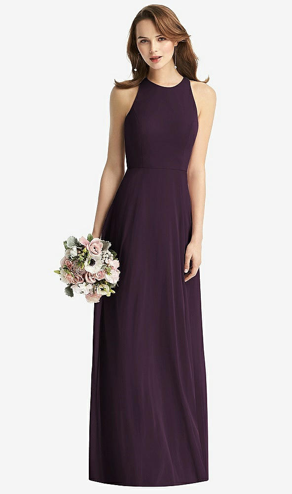 Front View - Aubergine Sleeveless Halter Chiffon Maxi Dress