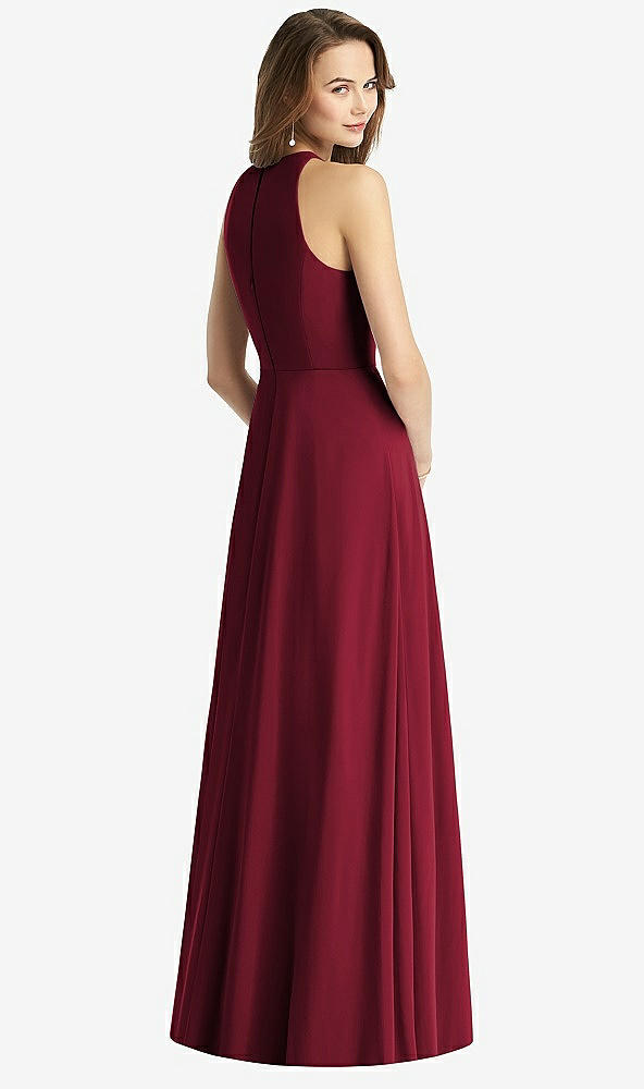 Back View - Burgundy Sleeveless Halter Chiffon Maxi Dress