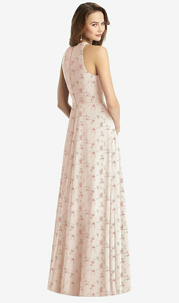 Back View - Coquette Floral Print Sleeveless Halter Chiffon Maxi Dress