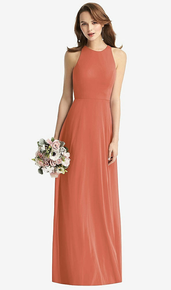 Front View - Terracotta Copper Sleeveless Halter Chiffon Maxi Dress