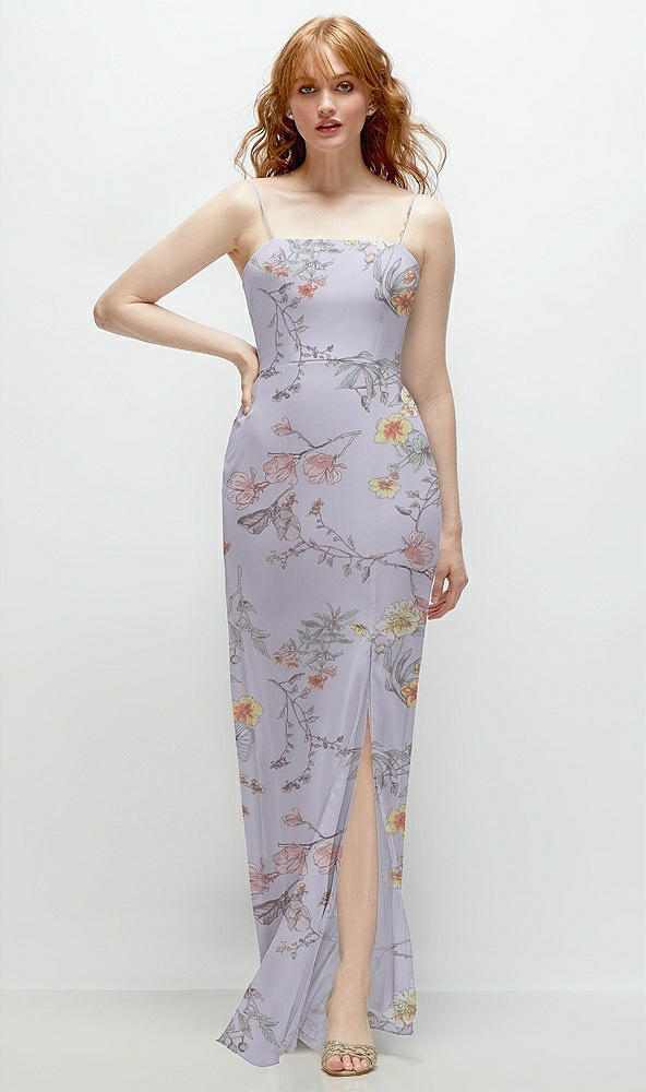 Front View - Butterfly Botanica Silver Dove Tie-Back Cutout Trumpet Gown with Front Slit