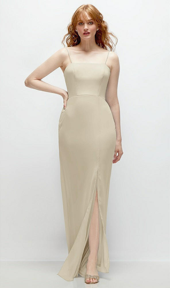 Front View - Champagne Tie-Back Cutout Trumpet Gown with Front Slit