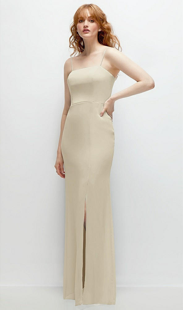 Back View - Champagne Tie-Back Cutout Trumpet Gown with Front Slit