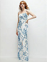 Rear View Thumbnail - Cottage Rose Dusk Blue Tie-Back Cutout Trumpet Gown with Front Slit