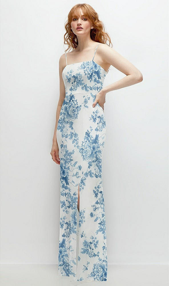 Back View - Cottage Rose Dusk Blue Tie-Back Cutout Trumpet Gown with Front Slit