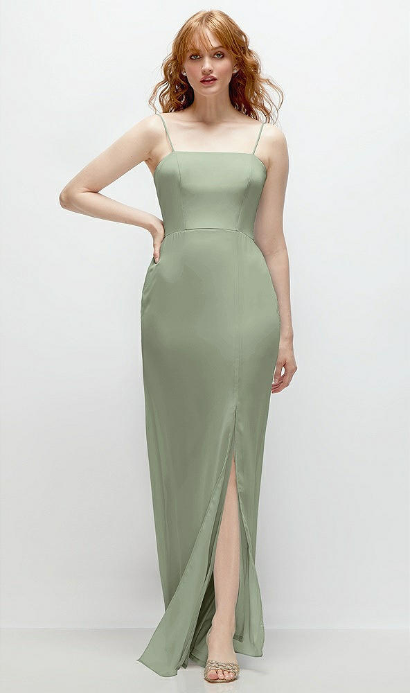 Front View - Sage Tie-Back Cutout Trumpet Gown with Front Slit