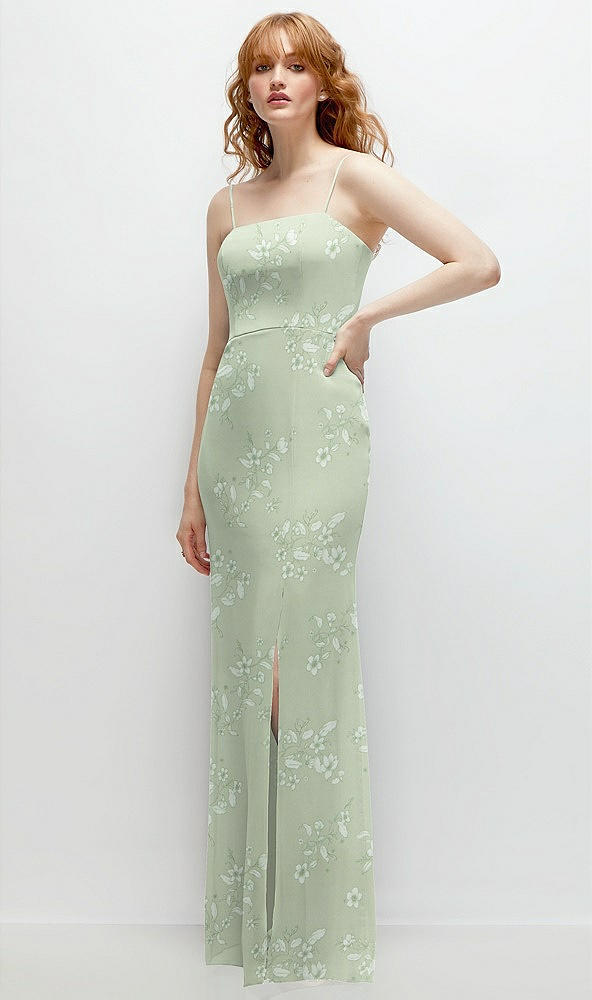 Back View - Vintage Primrose Sage Tie-Back Cutout Trumpet Gown with Front Slit