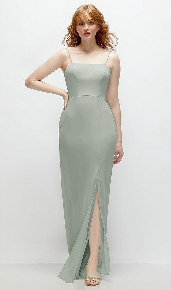 Front View - Willow Green Tie-Back Cutout Trumpet Gown with Front Slit