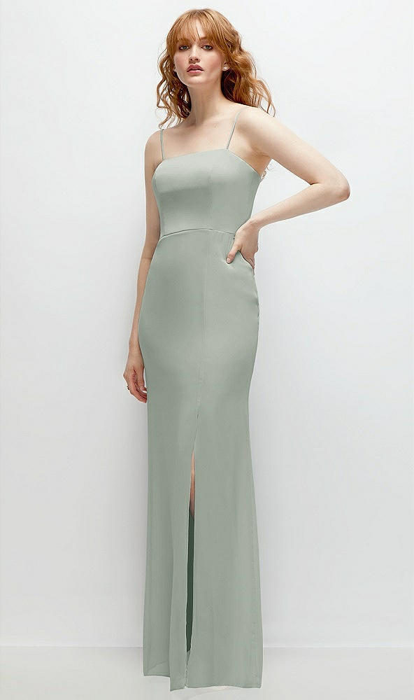 Back View - Willow Green Tie-Back Cutout Trumpet Gown with Front Slit