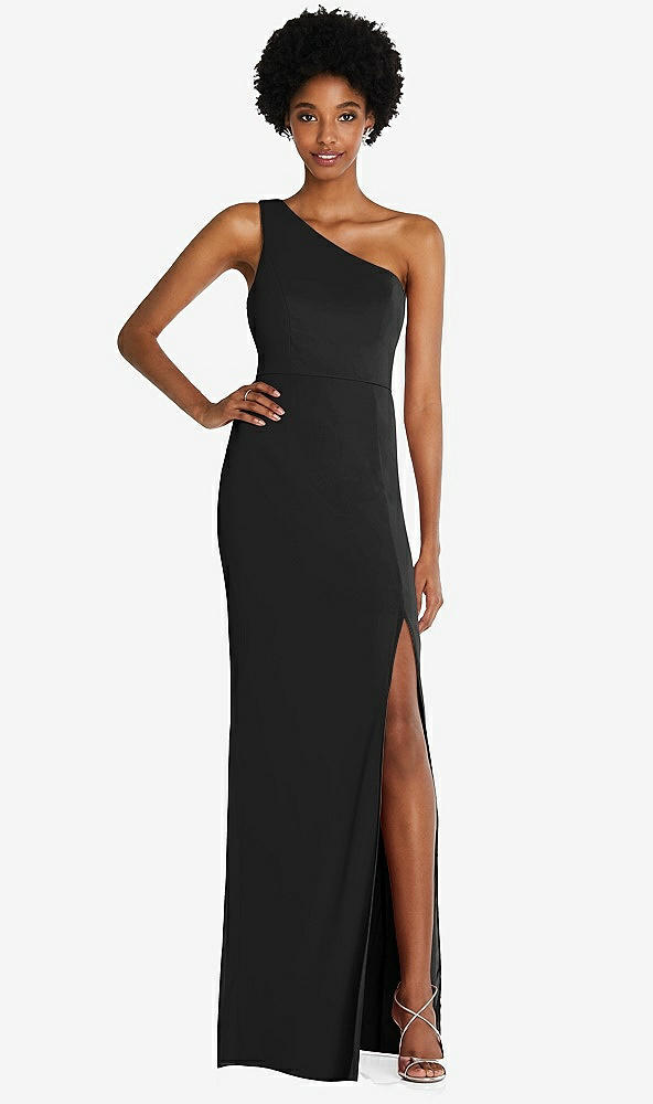 Front View - Black One-Shoulder Chiffon Trumpet Gown