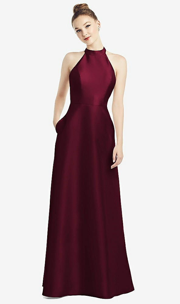 Back View - Cabernet High-Neck Cutout Satin Dress with Pockets