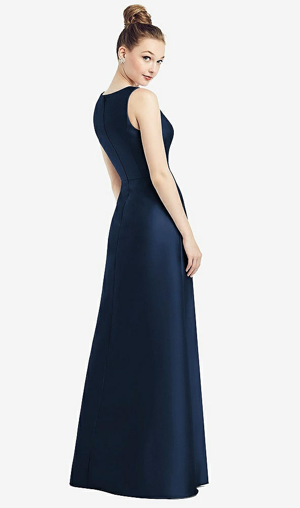 Back View - Midnight Navy Sleeveless V-Neck Satin Dress with Pockets