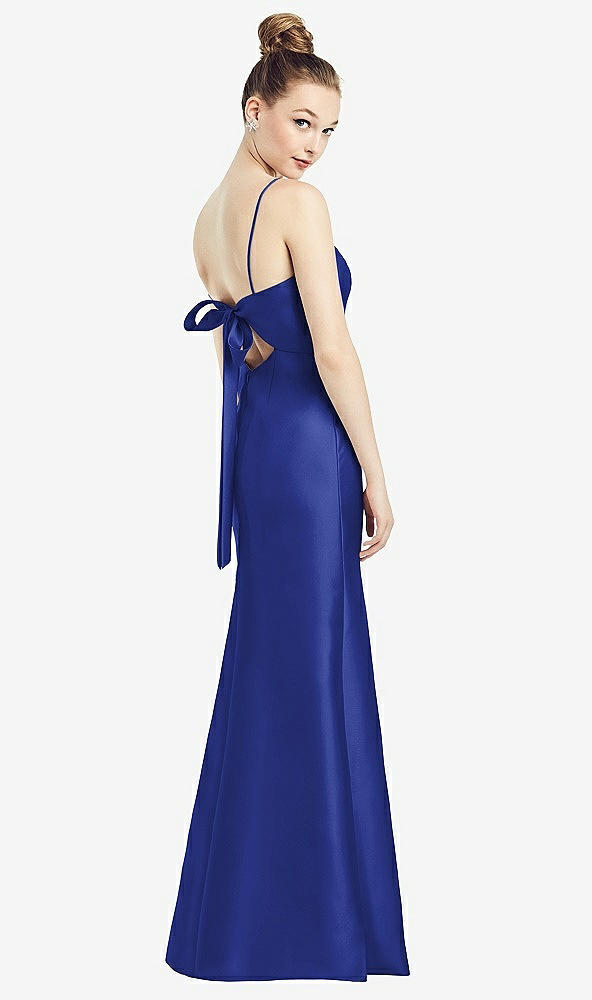 Front View - Cobalt Blue Open-Back Bow Tie Satin Trumpet Gown