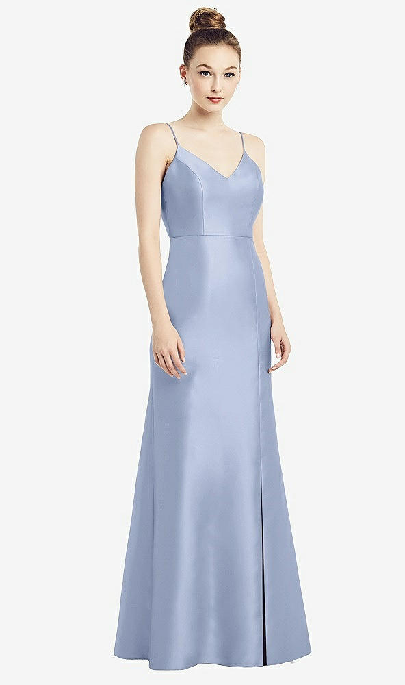 Back View - Sky Blue Open-Back Bow Tie Satin Trumpet Gown