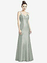 Rear View Thumbnail - Willow Green Open-Back Bow Tie Satin Trumpet Gown