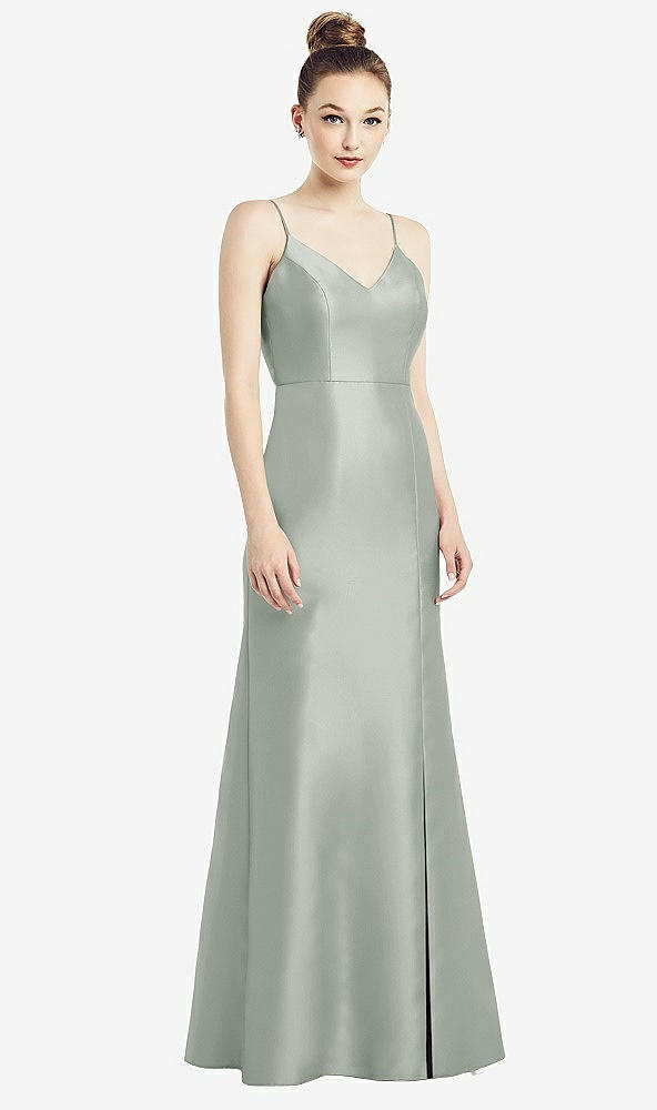 Back View - Willow Green Open-Back Bow Tie Satin Trumpet Gown