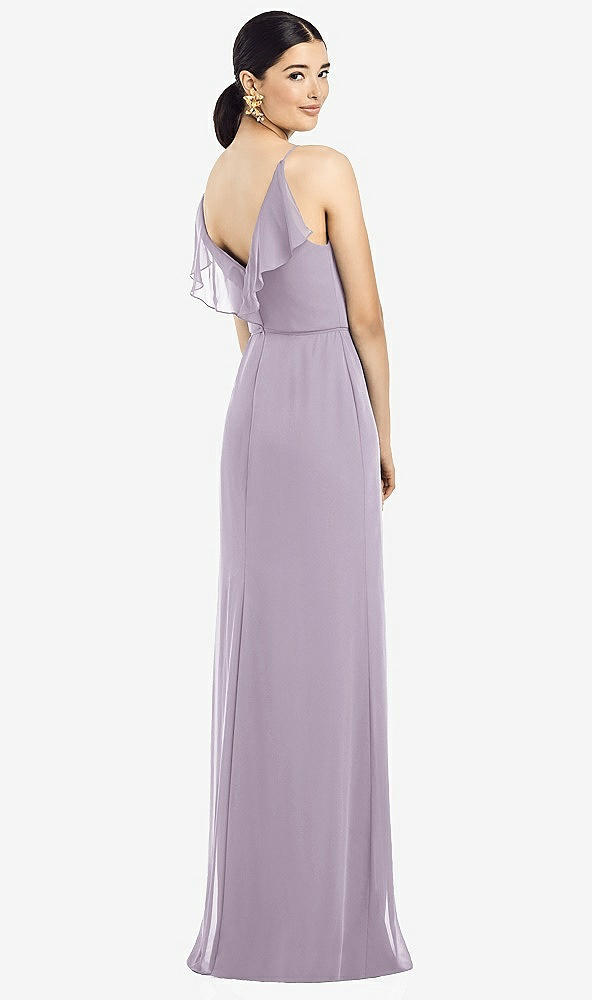 Front View - Lilac Haze Ruffled Back Chiffon Dress with Jeweled Sash