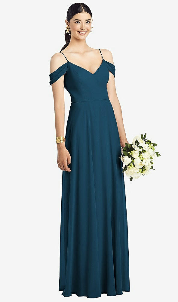 Front View - Atlantic Blue Cold-Shoulder V-Back Chiffon Maxi Dress