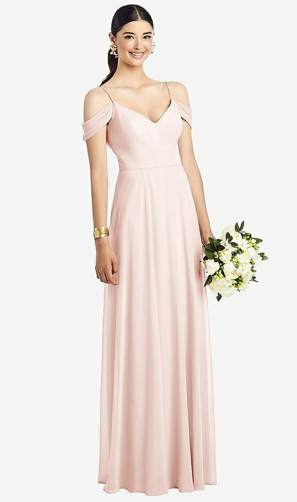 Front View - Blush Cold-Shoulder V-Back Chiffon Maxi Dress