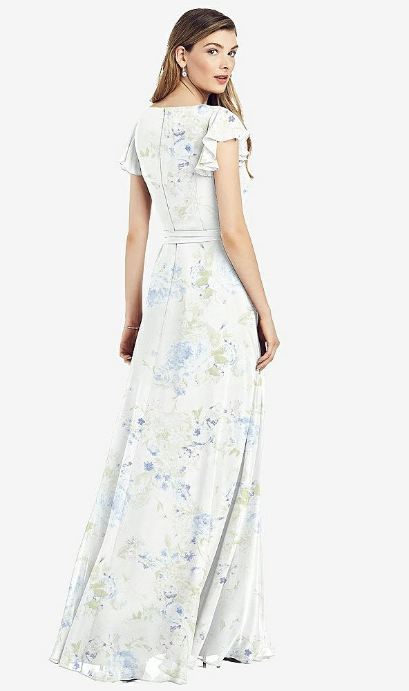 Back View - Bleu Garden Flutter Sleeve Faux Wrap Chiffon Dress