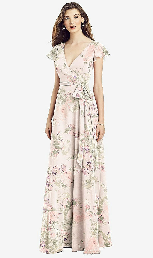 Front View - Blush Garden Flutter Sleeve Faux Wrap Chiffon Dress