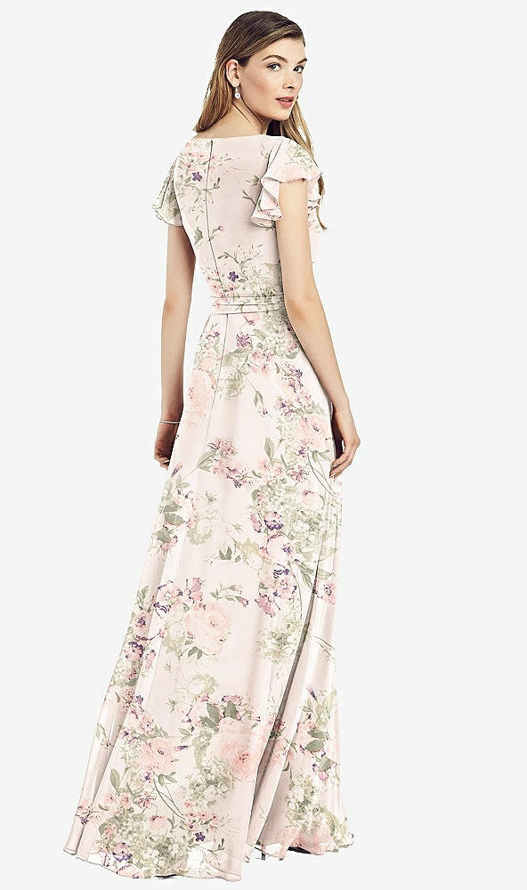 Back View - Blush Garden Flutter Sleeve Faux Wrap Chiffon Dress