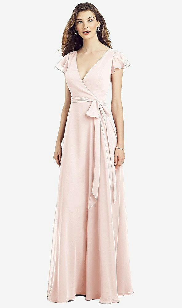 Front View - Blush Flutter Sleeve Faux Wrap Chiffon Dress