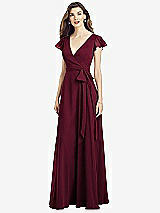 Front View Thumbnail - Cabernet Flutter Sleeve Faux Wrap Chiffon Dress