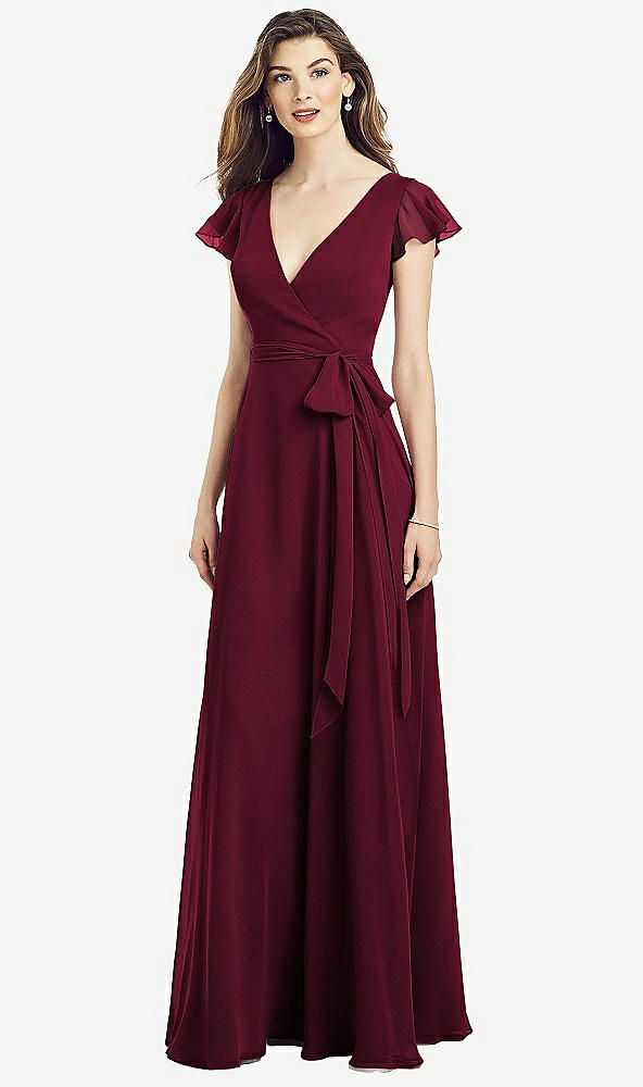 Front View - Cabernet Flutter Sleeve Faux Wrap Chiffon Dress